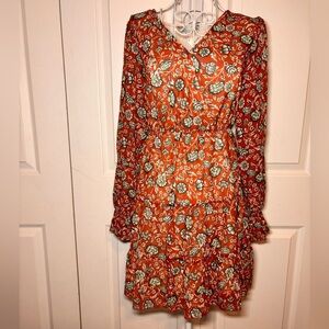 Elegant Floral Long Sleeve Dress - Orange